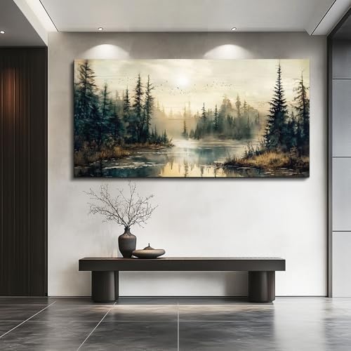 FUHAIHUA Large Wall Decor For Living Room Canvas Wall Art For Office Farmhouse Wall Decorations For Bedroom Forest River Landscape Paintings Modern Pictures Artwork Room Home Decor 24x48 In - Image 5
