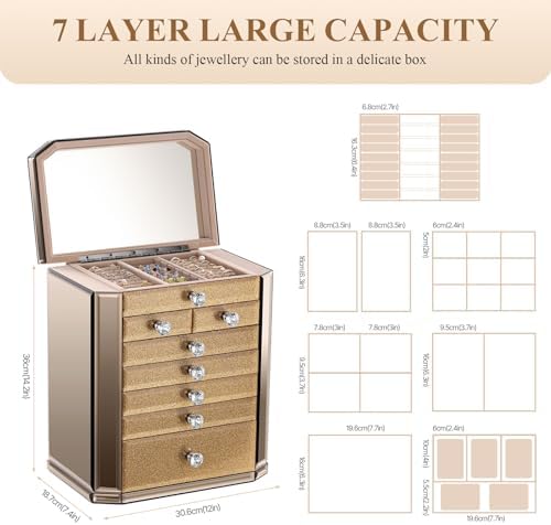 High End Glass Jewelry Box for Women, 7 Layer, Gold - Image 3