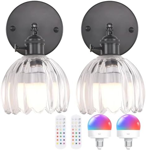 Shenmoyl Vintage Battery Operated Wall Sconce with Transparent Tulip Glass Lampshade Rechargeable Battery Powered Black Wall Light with Remote Control for Bedside Bedroom Doorway, Set of 2 by Shenmoyl