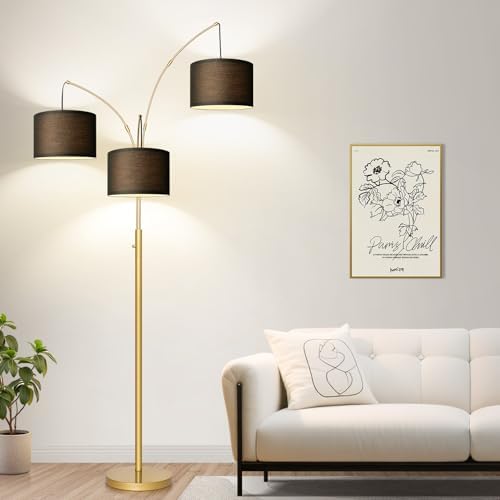 Dimmable Floor Lamp - 3 Lights Gold Arc Floor Lamps for Living Room, 1000LM Modern Tall Standing Lamp With Black Shades&Heavy Base, Mid Century Tree Floor Lamp for Bedroom Office, 3 LED Bulbs Included by Nintiue