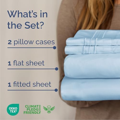 Queen Size 4 Piece Sheet Set - Breathable & Cooling Sheets - Light Blue - Image 2