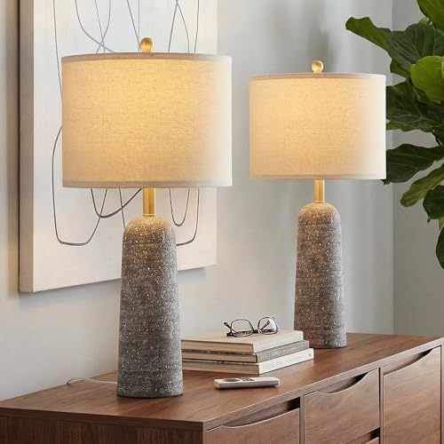 BOBOMOMO 27.25" Modern Table Lamp Set of 2, Light Grey Resin Table Lamps with Stone Look, Lamps for Living Room with Linen Shades, Bedroom Nightstand Lamps, Table Lamps for Living Room End Tables - Image 3