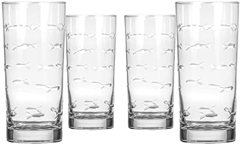 Rolf Glass School of Fish Highball Glass | Set of 4 15oz Cooler Glasses | Lead-Free Engraved Glass with Heavy Base | Proudly Made in the USA by RolfGlass
