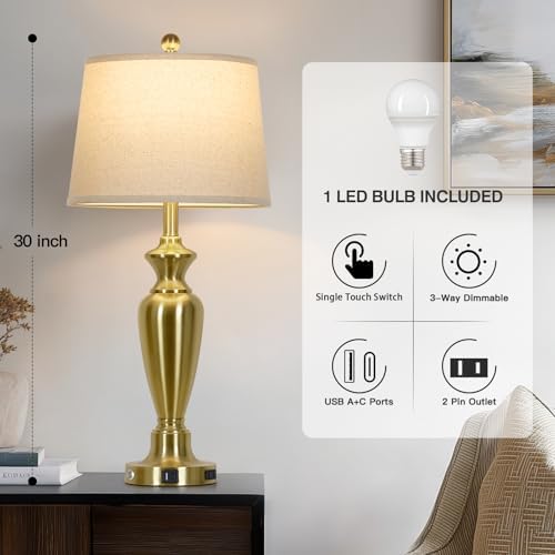 Cinyirong 30" Tall Gold Table Lamp for Living Room, 3-Way Dimmable Touch Control Bedside Lamp for Bedroom Nightstand with USB A+C Ports & AC Outlet (1 Pack) - Image 2