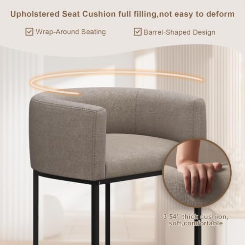 26" H Counter Height Bar Stools Set of 2, Modern Barrel Counter Stools with Backrest and Arms, Linen Fabric Upholstered Accent Barstools for Kitchen Island,Support 450 LBS (Sand) - Image 4