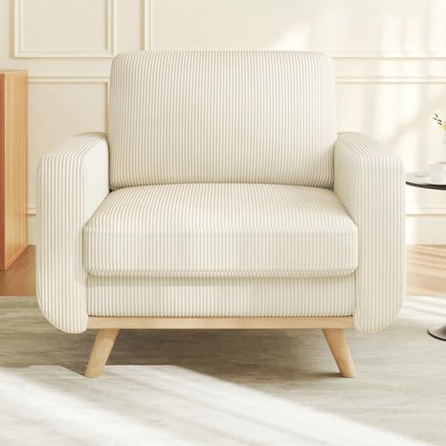Vesgantti 38.5" Accent Chair Beige, Comfy Corduroy Single Sofa Seat with Spring Cushion, Upholstered Armchair with Deep Seat, Reading Chair for Adults, Modern Sofa for Living Room, Bedroom by Vesgantti