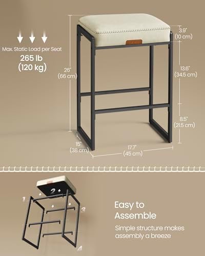 VASAGLE Bar Stools Set of 2, Counter Height, PU Leather, 26-Inch - Image 2