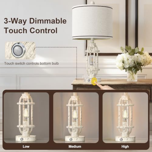 G-SAFAVA 23.75'' Table Lamps Set of 2 for Living Room Bedroom Industrial Farmhouse Metal Touch Lamps with USB A+C Ports, Night Light Vintage Nightstand Bedside Lamp, Bulbs Included, White - Image 5