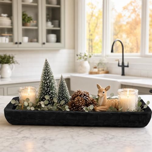Oakrain Decorative Bowl Rustic 16" Hand-Carved Wooden Dough Bowl, Black - Image 4