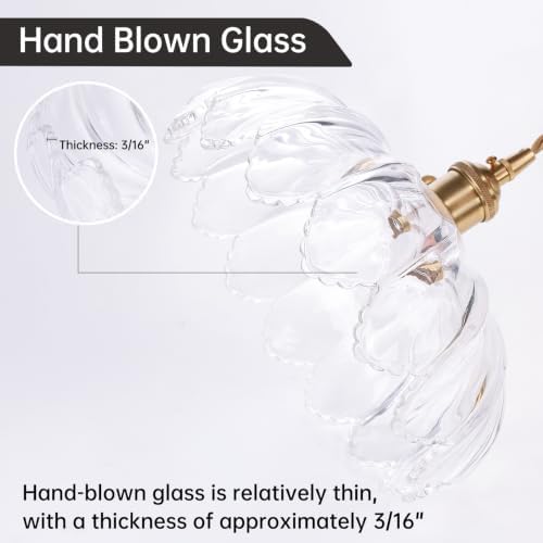 Shenmoyl Plug in Pendant Light Hanging Light Fixtures with Plugin Cord On/Off Switch,Clear Scindapsus Glass Lampshade Brass Pendant Light - Image 6