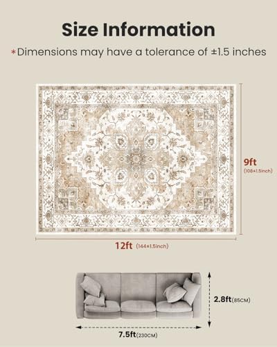 Amada Large 9x12 Washable Area Rug for Living Room, Beige, Vintage Pattern - Image 2