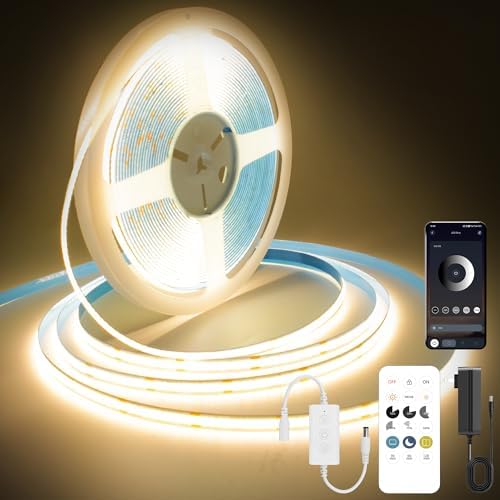 Pandery COB LED Strip Lights Warm White,24V Dimmable led Light Strip KIT with Remote and app Control,3000K 25FT/7.5m 8mm Wide Ra>90 Cuttable Flexible Strip Lights for Bedroom,Wardrobe,Cabinet by PanderyCOBLightUPYourLife