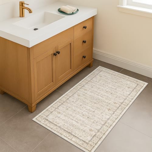 Washable 2x4 Beige Bathroom Rugs, Farmhouse Small Rugs for Entryway, Geometric Floral Design Non Slip Kitchen Floor Mats, Modern Home Décor, Low Pile & Soft Stain Resistant Carpet by HazoHaus
