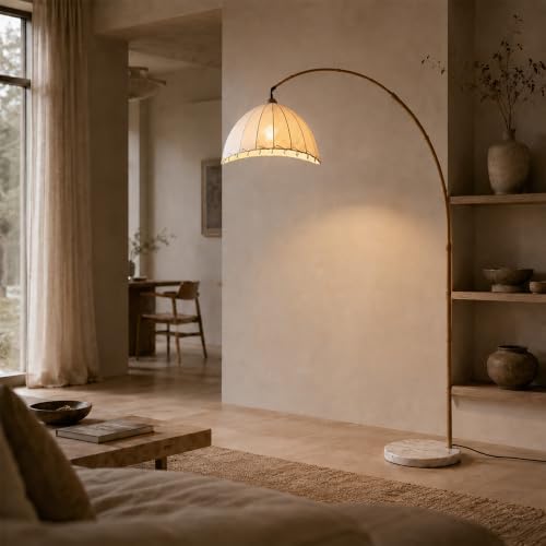 Boho Arc Floor Lamp with Fabric Shade,Simulated Bamboo Standing Lamp - Image 2