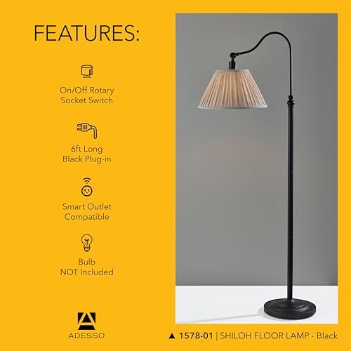 Adesso Floor Lamp, Black & Oatmeal, Pleated Shade, Curved Arm, 63” - Image 6