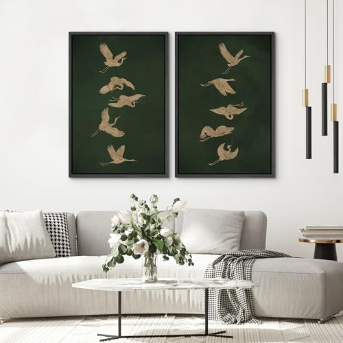 SIGNWIN Framed Canvas Print Wall Art Set Golden Cranes in Flight on Deep Green Illustrations Modern Art Rustic Colorful Ultra for Living Room, Bedroom, Office - 24"" x36 x2 Black - Image 4