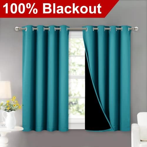 NICETOWN Peacock Teal 100% Blackout Curtains 45 inches Long, 2 Thick Layers Completely Blackout Window Treatment Thermal Insulated Lined Drapes for Small Window (1 Pair, 52 inches Width Each Panel) - Image 2
