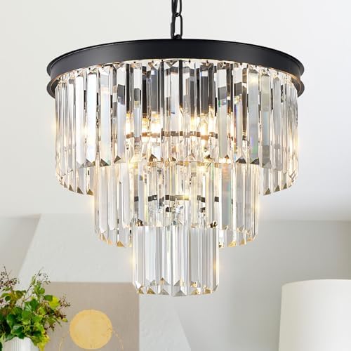 CATINER 16" Modern Crystal Chandeliers,6 Lights Black Round Light Fixture by CATINER