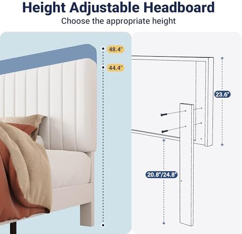 Allewie Twin Bed Frame, Velvet Upholstered Platform Bed with Adjustable Vertical Channel Tufted Headboard, Mattress Foundation with Strong Wooden Slats, Box Spring Optional, Easy Assembly, Off-White - Image 6