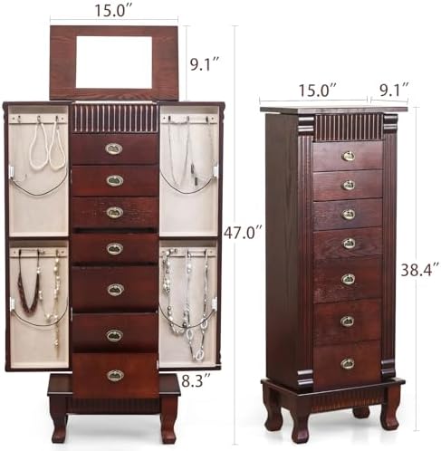 AVAWING Standing Jewelry Cabinet Armoire with Top Flip Mirror, 7 Drawers & 12 Necklace Hooks, Jewelry Box Storage Organizer with 2 Side Swing Doors (Reddish Brown) - Image 7