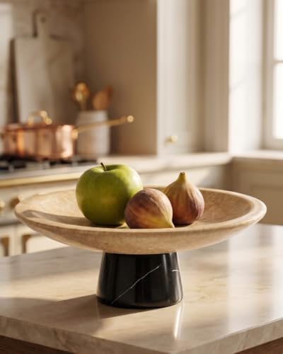 Travertine Fruit Bowl with Black Marble Pedestal,10.2" Centerpiece by BekPooQ