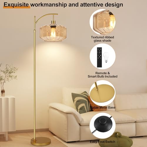 Vintage Floor Lamps for Living Room Glass Floor Lamp with Remote Control,Dimmable Floor Lamp Gold Mid Century Modern Standing Lamp 3 Color Temperature Brass Tall Floor Lamps for Bedroom Corner - Image 4