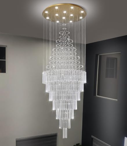 HAIXIANG W32 x H120 Glam Chandelier with LED Bulbs Crystal Raindrop High Ceiling Pendant Light for Entrance Large Villa Chandelier Foyer Lighting Fixtures Gold - Image 3
