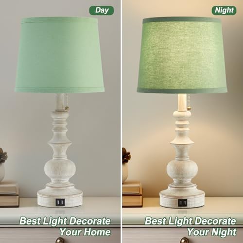 Drawealth 22'' Farmhouse Lamps for Bedrooms Set of 2 Bedside Lamps for Nightstand with USB Charging Ports Traditional Boho Table Lamps for Living Room Study Room,Green Shade,Bulbs Not Included - Image 6