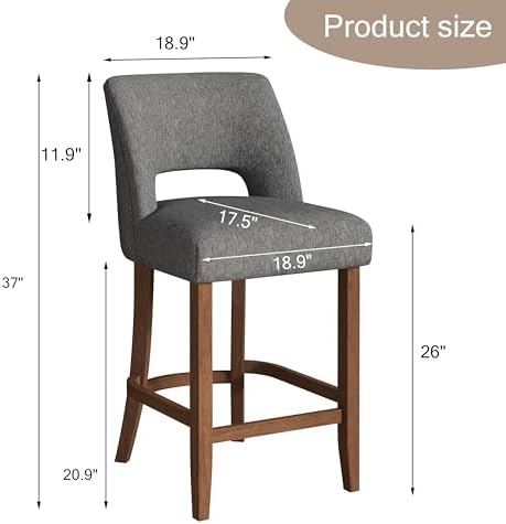 VKNOW Bar Stools Set of 6, 26" Fabric Counter Height Bar Stools, Charcoal - Image 2