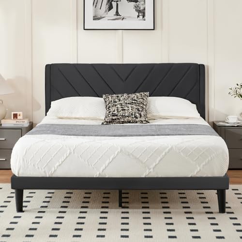 Queen Size Platform Bed Frame with Velvet Headboard, Wing Edge, Sturdy Wooden Slats, Noise-Free, No Box Spring Needed, Easy Assembly, Black by Unknown