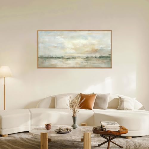 LHIUEM Large Abstract Green Gray Pastel Framed Canvas Wall Art,Neutral Landscape Wall Decor,Modern Watercolor Lake Artwork,Beige Textured Illustrations Art for Living Room,Bedroom,Office- 20"x40"x1 - Image 2