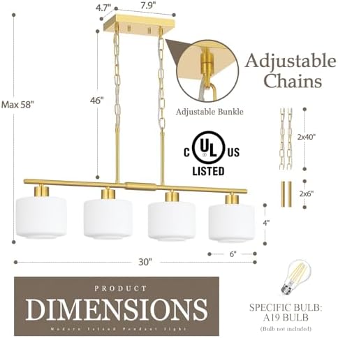 4-Light Brushed Gold Kitchen Island Lighting, Modern Linear Dining Room Chandelier Light Fixtures with Milk Glass and Chain, Mid Century Hanging Lights for Kitchen Island, OS-YQ8153-4ISBGW - Image 3