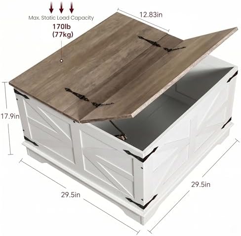 senlin Farmhouse Coffee Table, Heavy-Duty Coffee Table with Storage, Square Wood Center Table Set for Living Room with Pull Up Large Hidden Storage Compartment, Maple White - Image 2