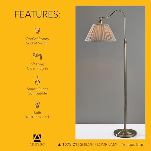 Adesso Floor Lamp, Antique Brass & Oatmeal, Pleated Shade, 63” - Image 6