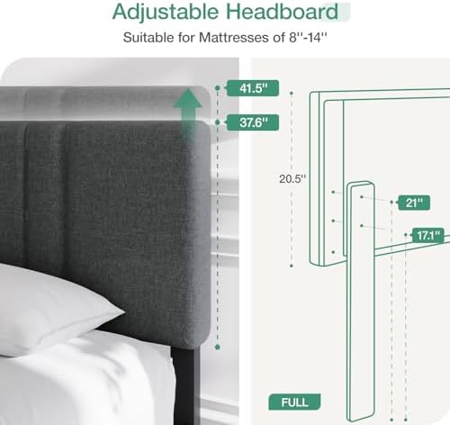 Novilla Full Size Bed Frame with Adjustable Headboard Platform Full Bed Frame with Linen Fabric Upholstered Headboard, No Box Spring Needed, Wooden Slats Support, Easy Assembly, Dark Grey - Image 5