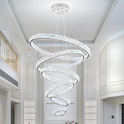 Extra Large 6 Ring Crystal Chandelier Modern LED Long Crystal Chandelier for High Ceiling Height Adjustable D8+15.7"+23.6"+31.5"+39.4"+47.5" Dimmable 2700K-6000K by IDEQUY