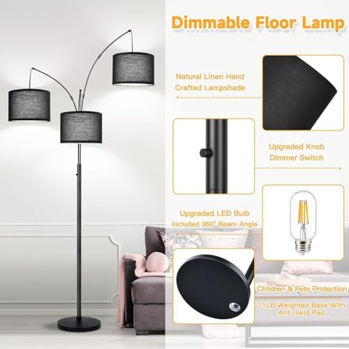 Dimmable Floor Lamp, 3 Lights Black Arc Floor Lamp, Modern Tall Standing Tree Lamp with Black Linen Shades & Heavy Base, 3000LM LED Bulbs, Bright Lighting for Living Room, Bedroom, Office & Reading - Image 5