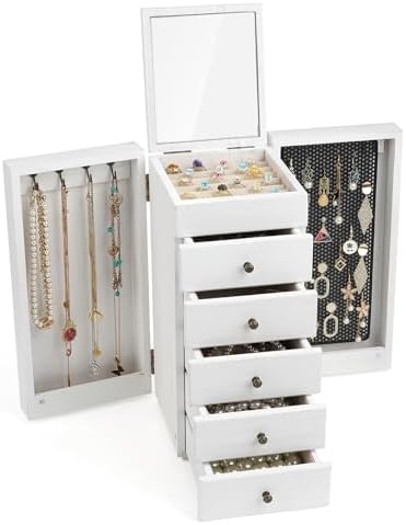 Meangood Jewelry Box Wood for Women, 6-Layer Large Organizer Box with Mirror & 5 Drawers for Rings, Earrings, Necklaces, Vintage Style, White - Image 7