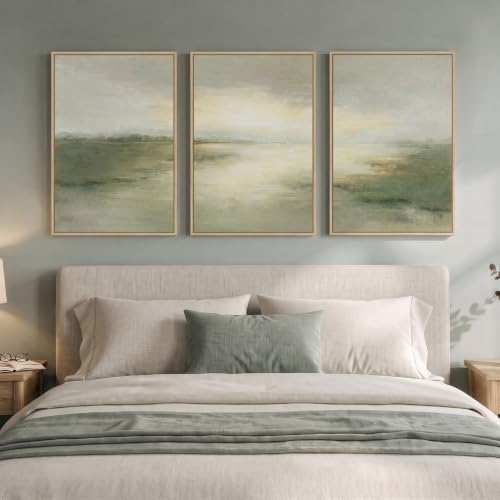 Large Framed Sage Green Abstract Landscape Wall Art, Set of 3 Each 20x30 In - Image 3