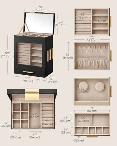 SONGMICS 5-Layer Jewelry Box with Glass Window, 3 Side Drawers - Image 6