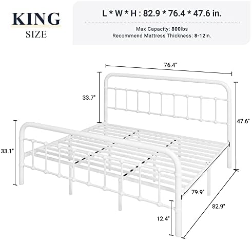 Allewie King Metal Bed Frame with Victorian Iron-Art Headboard, White - Image 2