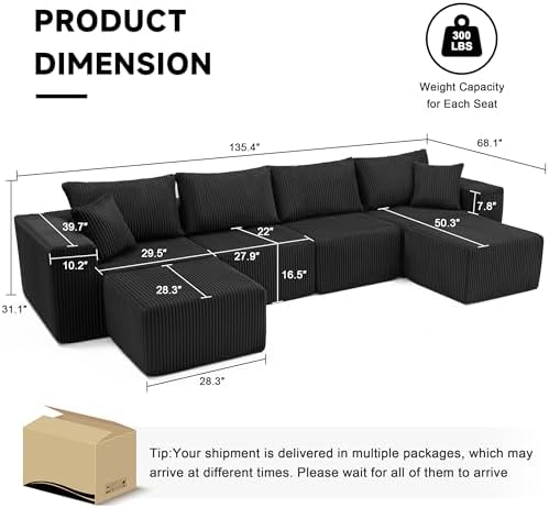 135.4" Modular Boneless Couch, Sectional Couches for Living Room, Black - Image 3
