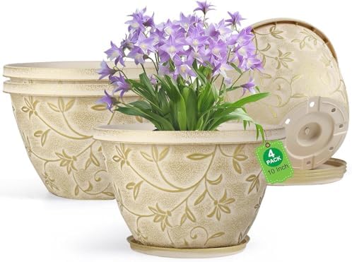 Nooulap 4 Pack 10 Inch Plant Pot with Drainage & Saucer by Nooulap