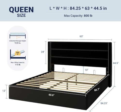 Allewie Queen Size Lift Up Hydraulic Storage Bed Frame Black - Image 2