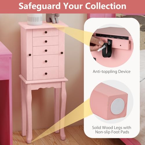 GIANTEX Standing Jewelry Armoire Cabinet with 4 Drawers, Flip Top Mirror, Top Storage Compartments, 2 Side Doors with 8 Necklace Hooks, Freestanding Jewelry Organizer Box Chest (Pink) - Image 6