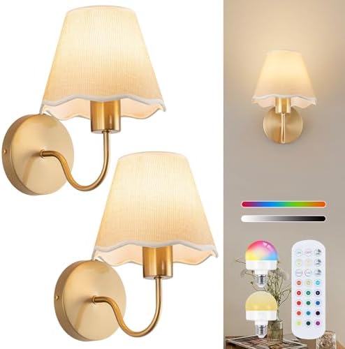 ADISUN Battery Operated Wall Sconce Set of 2, Gold Wall Lamps Rechargeable Bulbs for Living Room, Cream Rattan Shade, Wireless Wall Lights for Bedroom Living Room Hallway Kitchen(2 Bulbs Included) by ADISUN
