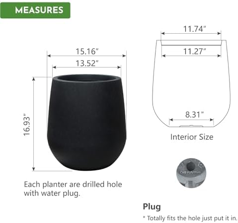 16.9" H Large Tall Plastic Black Planter w/ Drainage Holes and Plug - Image 2