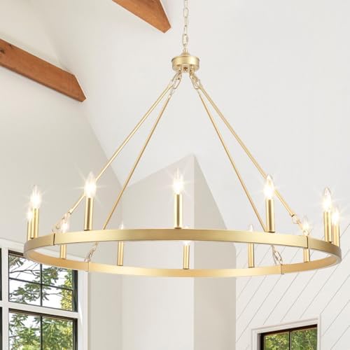 Gold Wagon Wheel Chandelier for Dining Room Light Fixture 12Light Gold Chandelier for Foyer 38inch 27-86" Height Adjustable Pendant Light for Flat Sloped Ceilings Dining Room Kitchen Island Entryway by KOSTOMO