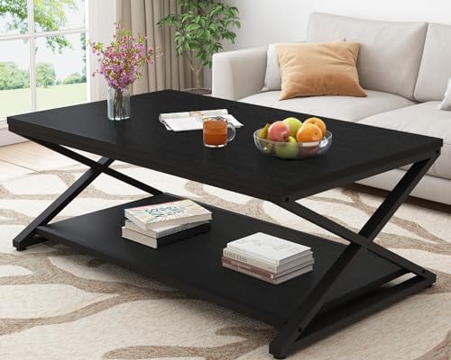 HSH 47" Rectangle Coffee Table with Storage for Living Room, Black Oak by HOMESWEETHOME