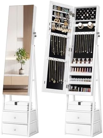 Nicetree Jewelry Cabinet Armoire, 2 Drawers, Full Length Mirror, Pure White by Nicetree